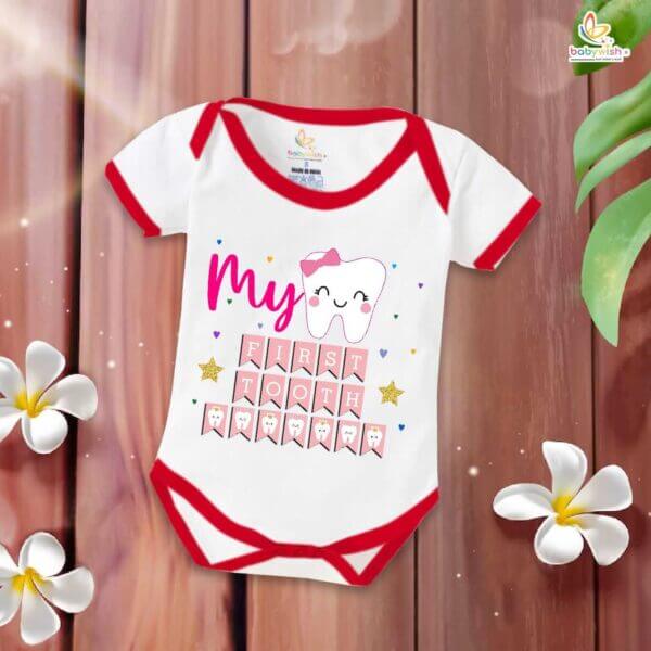 My First Tooth Romper for Baby – “My First Tooth” Milestone Bodysuit with Star Print | Soft Cotton Baby Outfit for Boys & Girls – Babywish
