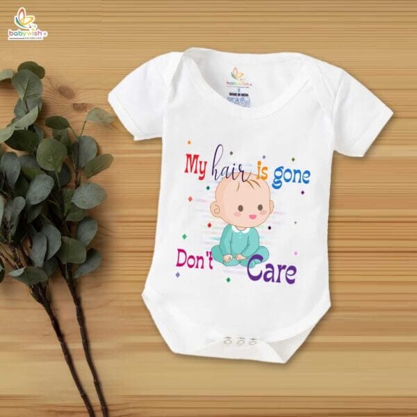 Newborn mundan ceremony clothes Bodysuit romper for Unisex Onesies Infant Half Sleeve | My Hair is Gone Don't Care | - Image 2