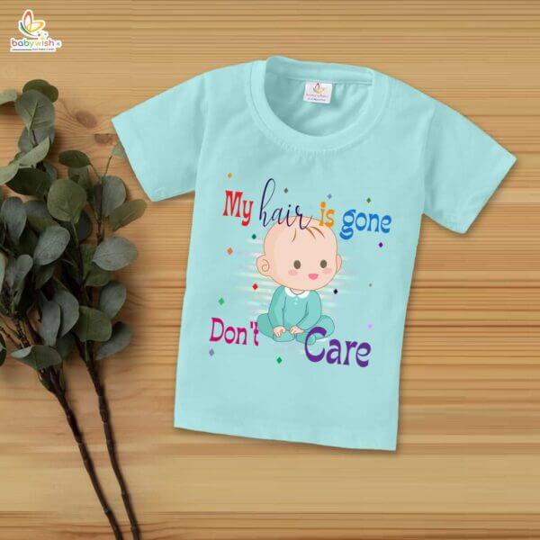 First Mundan ceremony T-shirt for Kids Clothes Unisex occasion mundan Topwear Outfit Half Sleeve for Boy n Girl | My Hair is Gone Don't Care | - Image 2