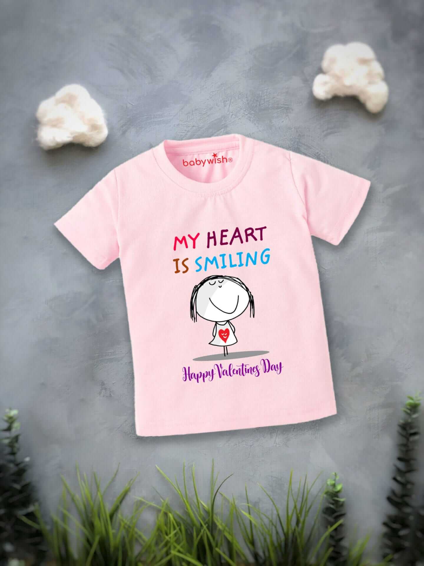 Valentine’s Day T-shirt for Kids | Unisex Valentine Topwear Outfit | Printed Half Sleeve T-shirt Dress for Boys & Girls “My Heart is Smiling” | Cute Gift for Kids