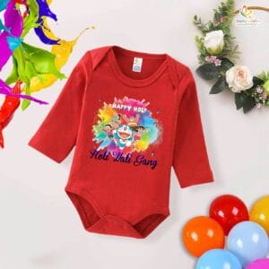 My First Holi Full Sleeve Romper – "Happy Holi" Cartoon Print Bodysuit for Babies – Babywish