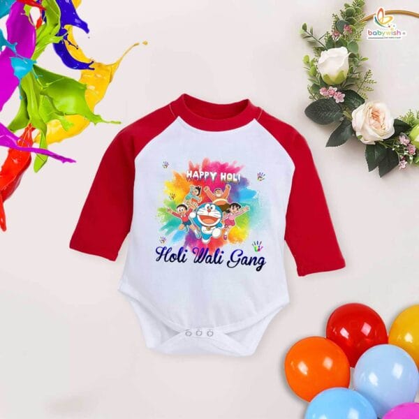 My First Holi Full Sleeve Romper – "Happy Holi" Cartoon Print Bodysuit for Babies – Babywish - Image 2