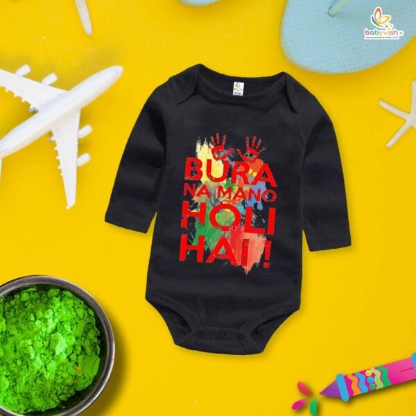 My First Holi Full Sleeve Romper – "Bura Na Mano Holi Hai" Baby Bodysuit for Boys & Girls – Babywish - Image 4