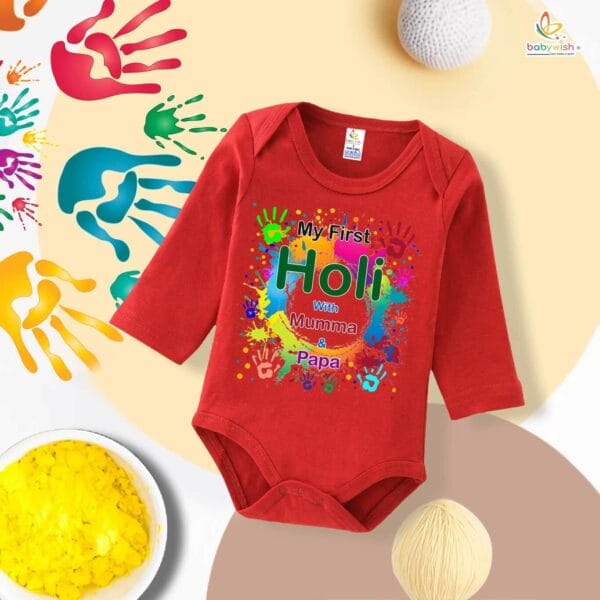 My First Holi Full Sleeve Romper – "Holi with Mumma" Baby Bodysuit for Boys & Girls – Babywish - Image 3