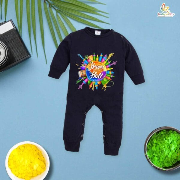 My First Holi Full Body Romper – Watergun Printed Baby Bodysuit for Holi Celebration – Babywish - Image 2