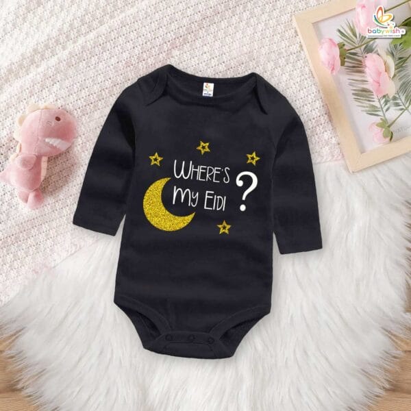 Where's My Eidi? Full Sleeve Baby Romper – Cute Eid Glitter Bodysuit for Newborn Boys & Girls | Islamic Festival Outfit 2025 – Babywish - Image 2