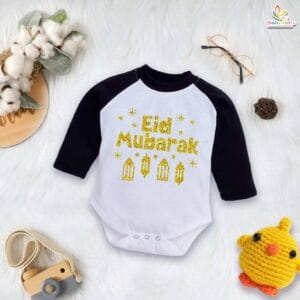 My First Eid Mubarak Star Full Sleeve Romper – Newborn Baby Bodysuit for Boys & Girls | Islamic Festival Outfit 2025 – Babywish