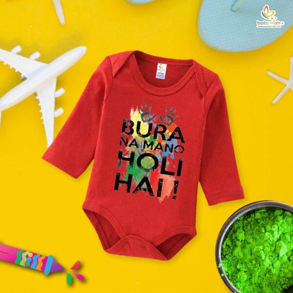 My First Holi Full Sleeve Romper – "Bura Na Mano Holi Hai" Baby Bodysuit for Boys & Girls – Babywish - Image 2