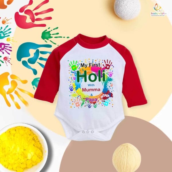 My First Holi Full Sleeve Romper – "Holi with Mumma" Baby Bodysuit for Boys & Girls – Babywish - Image 4
