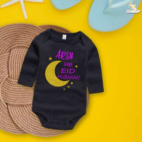 My First Eid Mubarak Full Sleeve Romper – Cute Baby Bodysuit for Newborn Boys & Girls | Islamic Festival Outfit 2025 – Babywish - Image 2