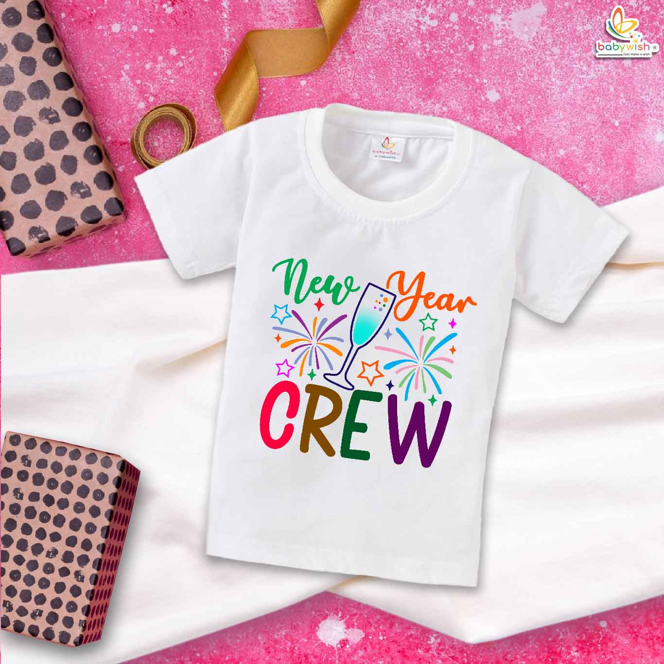 My First Happy New Year T-Shirt New Year Crew Print | Unisex Half Sleeve Cotton Topwear Outfit | Cute Baby Boys & Girls Printed Celebration Clothes Stylish Festive Party Dress – Babywish