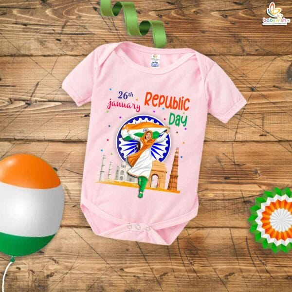My First Republic Day Romper | 26th January Baby Girl Bodysuit with Indian Flag Print | Patriotic Infant Outfit for Republic Day – Babywish - Image 3