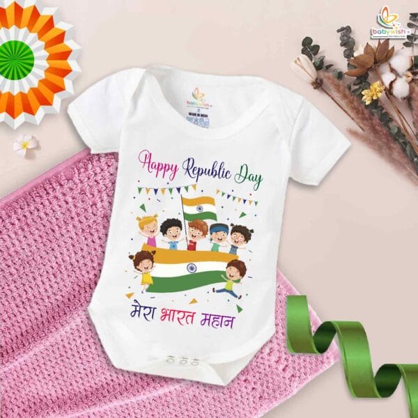 My First Republic Day Romper | Happy Republic Day Mera Bharat Mahan Baby Bodysuit | 26th January Patriotic Outfit for Boys & Girls – Babywish - Image 5
