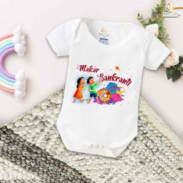 My First Makar Sankranti Baby Romper – Til Gud Print Festival Bodysuit for Newborns & Infants | Traditional Sankranti Outfit for Boys & Girls – Babywish - Image 5