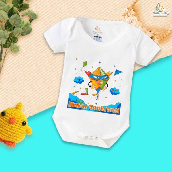 My First Makar Sankranti Baby Romper – Super Kite Print Bodysuit for Newborns & Infants | Festive Sankranti Outfit for Boys & Girls – Babywish - Image 5