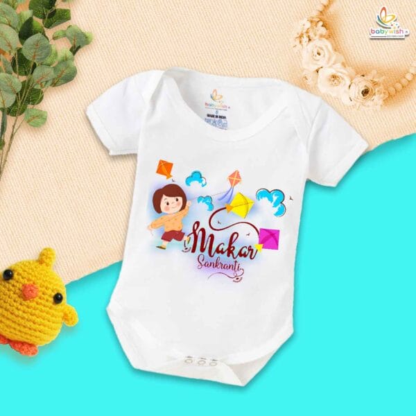 My First Makar Sankranti Baby Romper – Girl Kite Print Bodysuit for Newborns & Infants | Festive Sankranti Outfit for Baby Girls – Babywish - Image 5