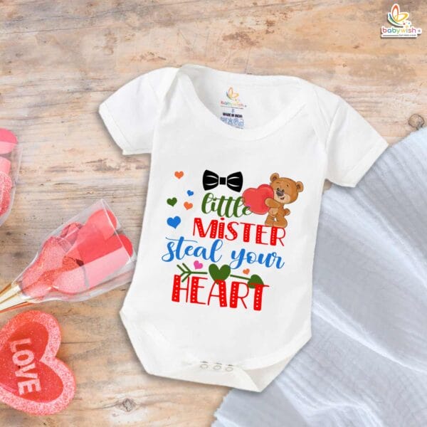 Little Mister Steal Your Heart Baby Boy Romper – My First Valentine’s Day Bodysuit | Cute Valentine’s Outfit for Newborn & Infant Boys | Baby Valentine Clothes – Babywish - Image 5