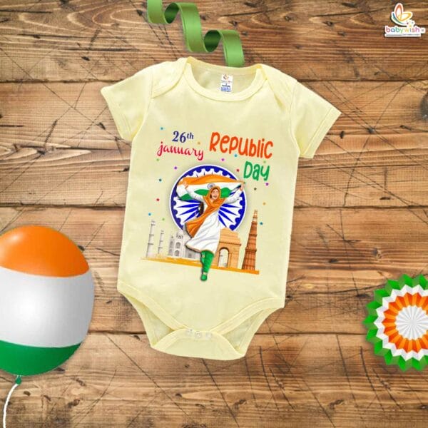 My First Republic Day Romper | 26th January Baby Girl Bodysuit with Indian Flag Print | Patriotic Infant Outfit for Republic Day – Babywish - Image 2