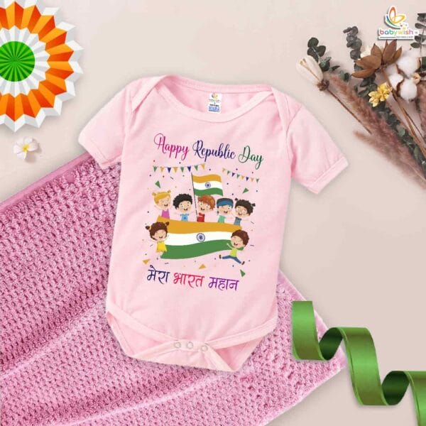 My First Republic Day Romper | Happy Republic Day Mera Bharat Mahan Baby Bodysuit | 26th January Patriotic Outfit for Boys & Girls – Babywish - Image 3