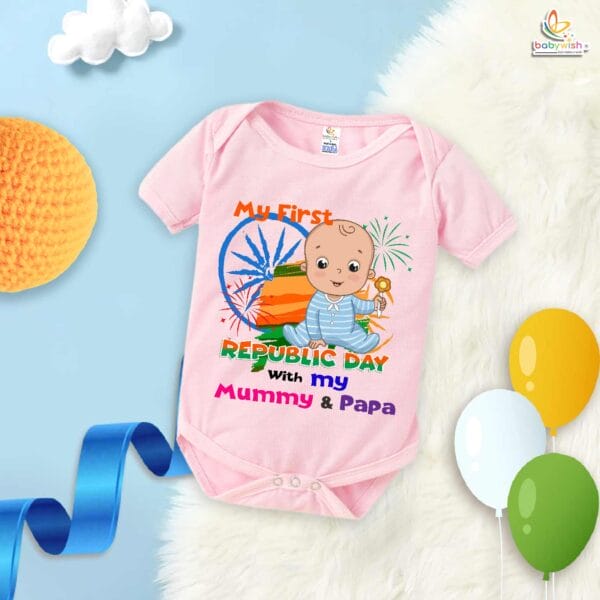 My First Republic Day Romper | Bodysuit Featuring "With My Mummy & Papa" | 26th January Patriotic Baby Outfit | Republic Day Clothes for Infants | Babywish - Image 3