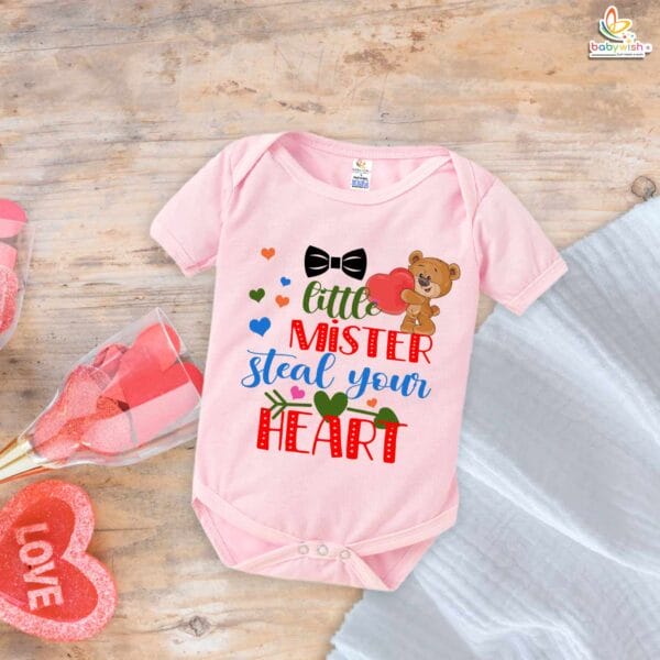 Little Mister Steal Your Heart Baby Boy Romper – My First Valentine’s Day Bodysuit | Cute Valentine’s Outfit for Newborn & Infant Boys | Baby Valentine Clothes – Babywish - Image 3