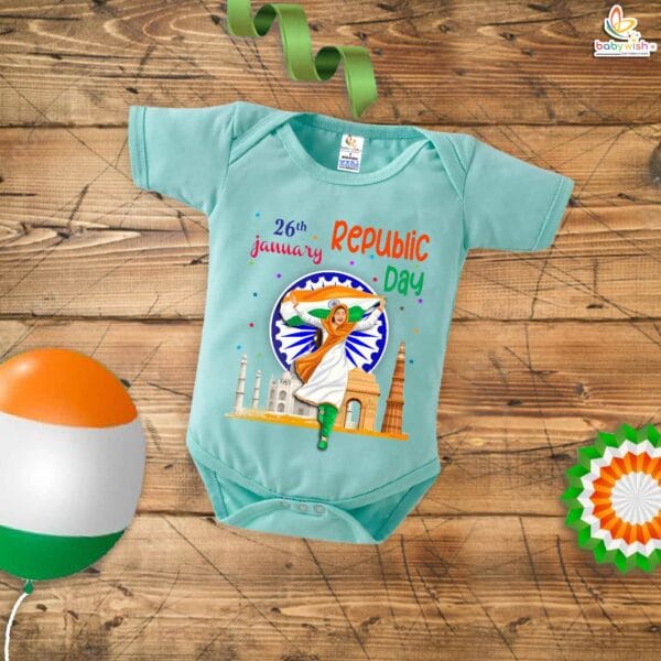 My First Republic Day Romper | 26th January Baby Girl Bodysuit with Indian Flag Print | Patriotic Infant Outfit for Republic Day – Babywish - Image 4