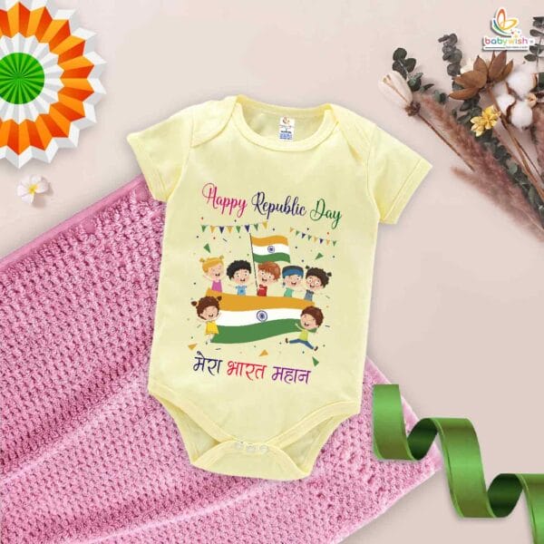 My First Republic Day Romper | Happy Republic Day Mera Bharat Mahan Baby Bodysuit | 26th January Patriotic Outfit for Boys & Girls – Babywish - Image 2