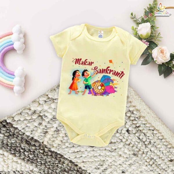 My First Makar Sankranti Baby Romper – Til Gud Print Festival Bodysuit for Newborns & Infants | Traditional Sankranti Outfit for Boys & Girls – Babywish - Image 3