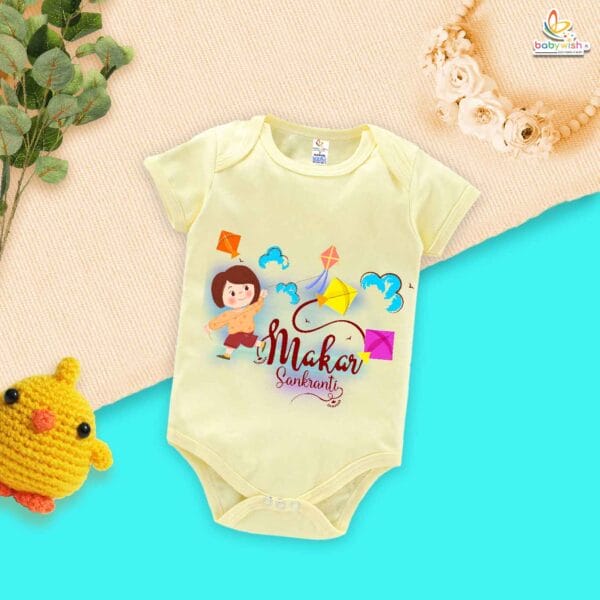 My First Makar Sankranti Baby Romper – Girl Kite Print Bodysuit for Newborns & Infants | Festive Sankranti Outfit for Baby Girls – Babywish - Image 3