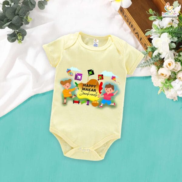 My First Makar Sankranti Baby Romper – Kite & Laddu Print Bodysuit for Newborns & Infants | Perfect Makar Sankranti Outfit for Boys & Girls – Babywish - Image 3