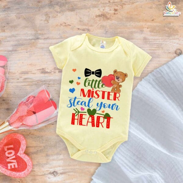 Little Mister Steal Your Heart Baby Boy Romper – My First Valentine’s Day Bodysuit | Cute Valentine’s Outfit for Newborn & Infant Boys | Baby Valentine Clothes – Babywish - Image 2