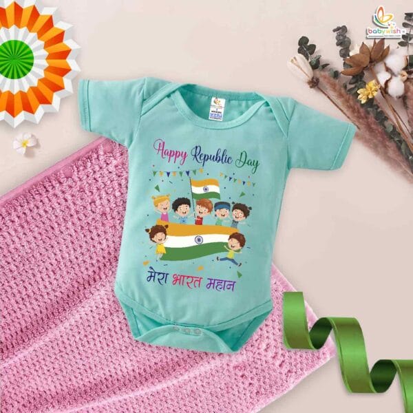 My First Republic Day Romper | Happy Republic Day Mera Bharat Mahan Baby Bodysuit | 26th January Patriotic Outfit for Boys & Girls – Babywish - Image 4