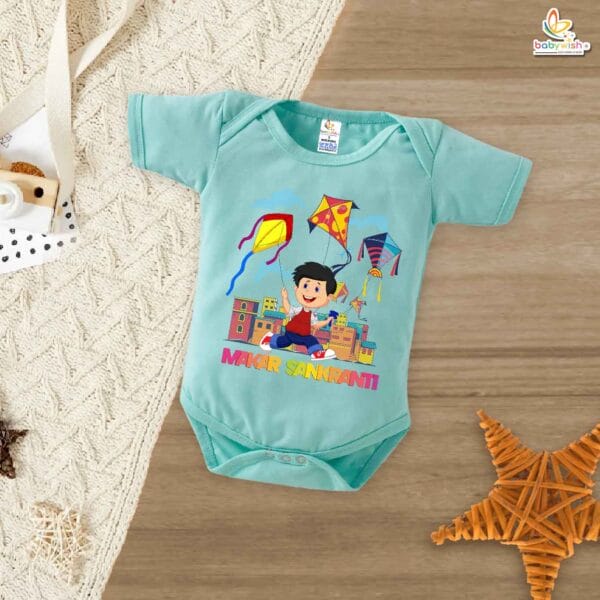 My First Makar Sankranti Baby Romper – Flying Kite Print Bodysuit for Boys | Perfect Makar Sankranti Outfit for Newborns & Infants – Babywish - Image 2
