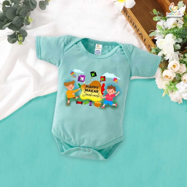 My First Makar Sankranti Baby Romper – Kite & Laddu Print Bodysuit for Newborns & Infants | Perfect Makar Sankranti Outfit for Boys & Girls – Babywish - Image 2