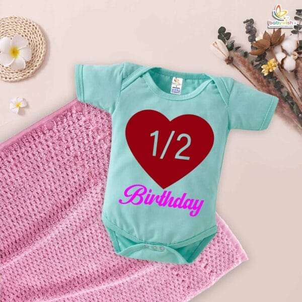 1/2 Birthday Romper with Heart Design – My First Half Birthday Bodysuit for 6 Month Baby Girls & Boys – Cute Infant Outfit – Babywish - Image 2