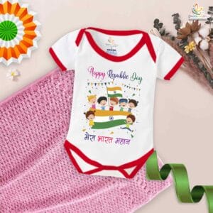 My First Republic Day Romper | Happy Republic Day Mera Bharat Mahan Baby Bodysuit | 26th January Patriotic Outfit for Boys & Girls – Babywish