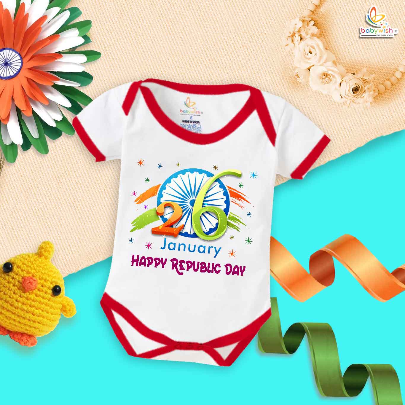 My First Republic Day Romper | 26th January Happy Republic Day Bodysuit | Ashok Chakra Baby Outfit | Patriotic Baby Clothes | Babywish