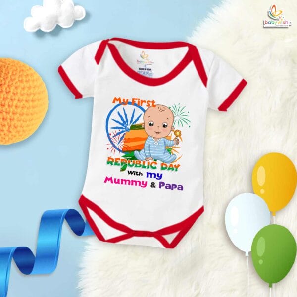 My First Republic Day Romper | Bodysuit Featuring "With My Mummy & Papa" | 26th January Patriotic Baby Outfit | Republic Day Clothes for Infants | Babywish