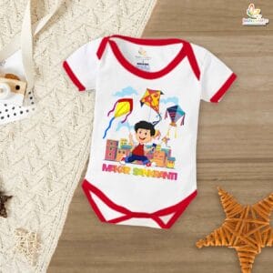 My First Makar Sankranti Baby Romper – Flying Kite Print Bodysuit for Boys | Perfect Makar Sankranti Outfit for Newborns & Infants – Babywish
