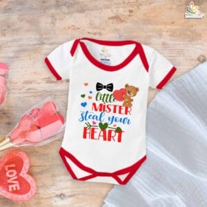 Little Mister Steal Your Heart Baby Boy Romper – My First Valentine’s Day Bodysuit | Cute Valentine’s Outfit for Newborn & Infant Boys | Baby Valentine Clothes – Babywish