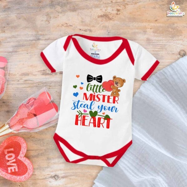 Little Mister Steal Your Heart Baby Boy Romper – My First Valentine’s Day Bodysuit | Cute Valentine’s Outfit for Newborn & Infant Boys | Baby Valentine Clothes – Babywish