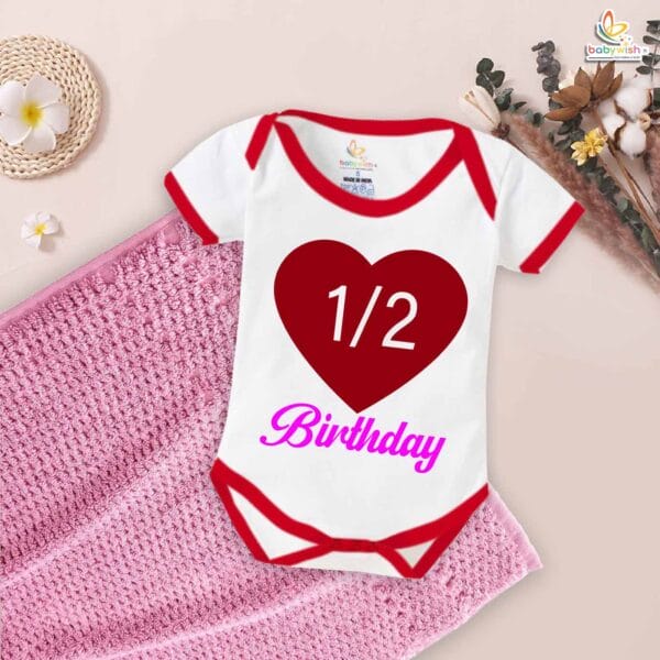 1/2 Birthday Romper with Heart Design – My First Half Birthday Bodysuit for 6 Month Baby Girls & Boys – Cute Infant Outfit – Babywish