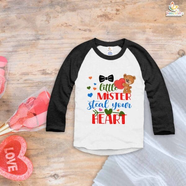 My First Valentine’s Day Full Sleeve Baby T-Shirt – “Little Mister Steal Your Heart” Design | Babywish - Image 2