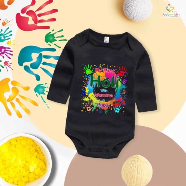 My First Holi Full Sleeve Romper – "Holi with Mumma" Baby Bodysuit for Boys & Girls – Babywish - Image 2