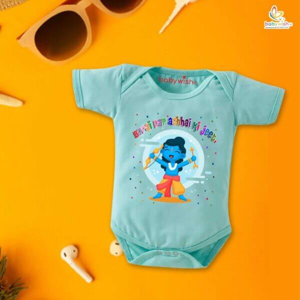 Baby First Ramnavmi Romper Onesies Clothes Baby Navratri festival Bodysuits Newborn Outfit Envelop Neck Half Sleeve Unisex Onesies" Burai par achhai ki Jeet " - Image 2