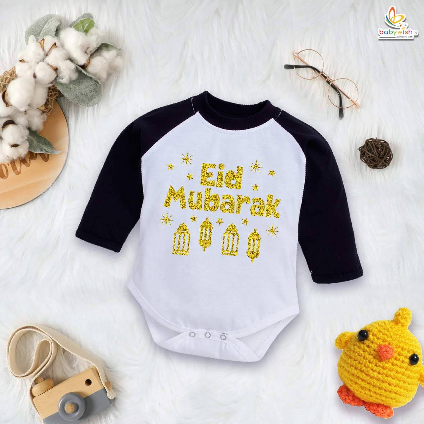 My First Eid Mubarak Star Full Sleeve Romper – Newborn Baby Bodysuit for Boys & Girls | Islamic Festival Outfit 2025 – Babywish