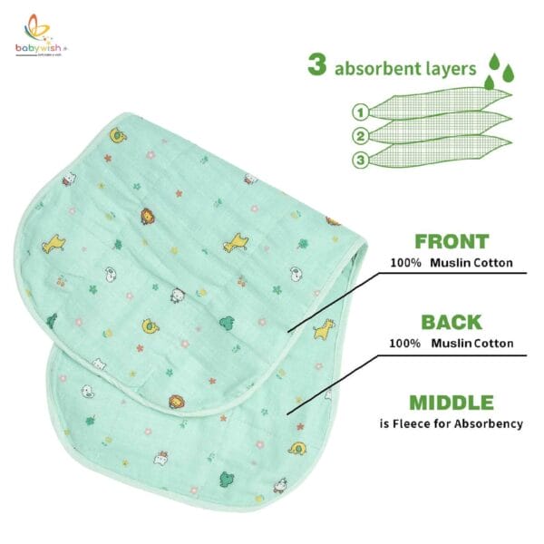 Green muslin burp cloth for babies – soft and absorbent animal print burping towel by Babywish