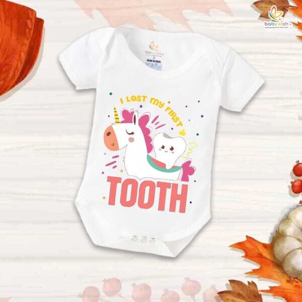 I Lost My First Tooth Baby Romper – Horse Print Milestone Bodysuit for Boys & Girls | Soft Cotton First Tooth Outfit – Babywish - Image 5