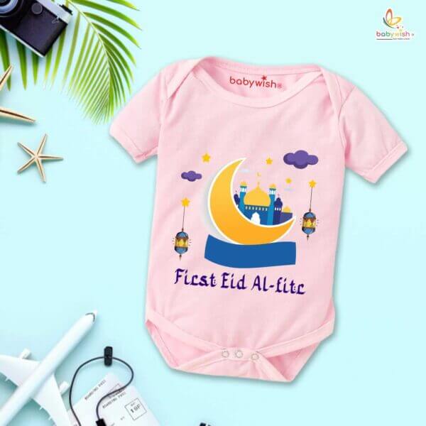 Baby First Eid Romper Clothes Baby Ramadan festival Bodysuits Newborn Outfit Envelop Neck Half Sleeve Unisex Onesies " First Eid-Al-Adha " - Image 3