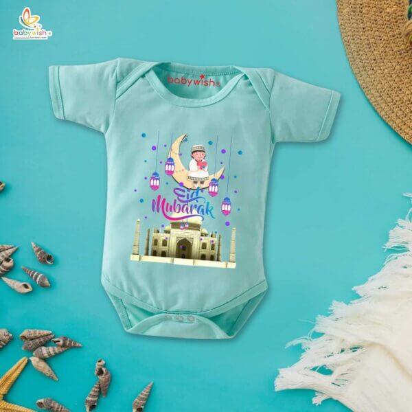 Baby First Eid Romper Clothes Baby Ramadan festival Bodysuits Newborn Outfit Envelop Neck Half Sleeve Unisex Onesies " Eid Mubarak Taj Mahal Print " - Image 3